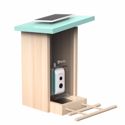 Smart Bird Feeder with Camera, AI Identify 6000+ Species, Solar Powered,Eco-friendly Wooden, Ideal Gift, Cyan